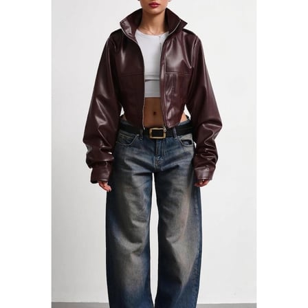 New Season Dik Yaka Motorcu Crop Kadın Deri Ceket