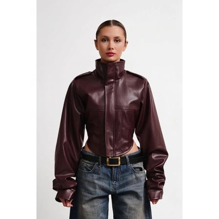 New Season Dik Yaka Motorcu Crop Kadın Deri Ceket