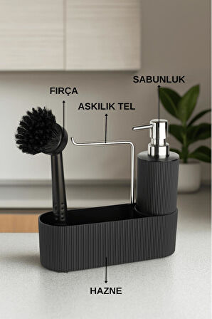 Siyah Çok Amaçlı Sabunluk Mutfak Lavabo Düzenleyici Set-Plastik Çizgili Sabunluk