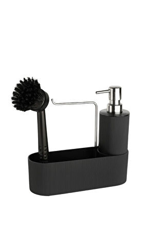 Siyah Çok Amaçlı Sabunluk Mutfak Lavabo Düzenleyici Set-Plastik Çizgili Sabunluk
