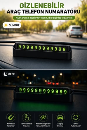 Gizlenebilir Araç Telefon Numaratörü Mıknatıslı Rakamlı Otopark Telefon Numarası Kartı Torpido Üstü Tek Hareketle Açılır Kapanır