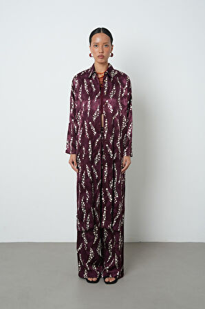 Kadın Bordo Renk Desenli Uzun Tunik Tesettür Gömlek - Elbise