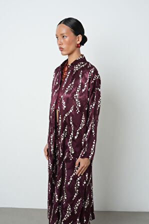 Kadın Bordo Renk Desenli Uzun Tunik Tesettür Gömlek - Elbise