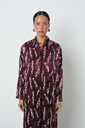 Kadın Bordo Renk Desenli Uzun Tunik Tesettür Gömlek - Elbise