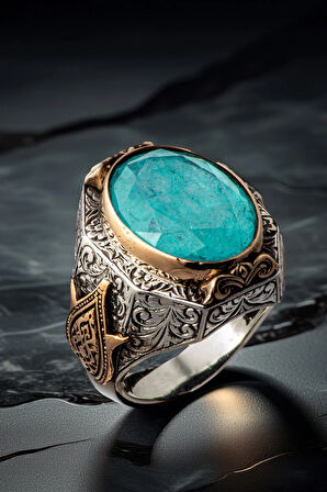 Erkek Turkuaz Zirkon Taşlı Yanı Lale Motifli 925 Ayar Gümüş Yüzük