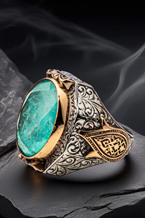 Erkek Turkuaz Zirkon Taşlı Yanı Lale Motifli 925 Ayar Gümüş Yüzük