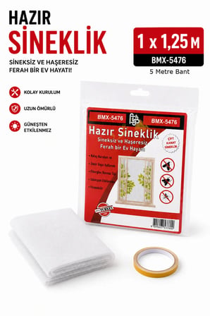Hazır Sineklik Pencere Sinekliği 1 x 1,25 m Tül 5 m Yapışkan Bant Kesilebilir Kolay Montajlı Beyaz Tül