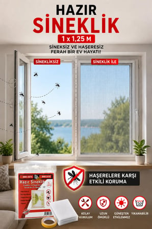 Hazır Sineklik Pencere Sinekliği 1 x 1,25 m Tül 5 m Yapışkan Bant Kesilebilir Kolay Montajlı Beyaz Tül