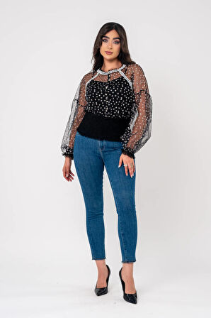 Papatya Nakışlı Bel Ve Kol Lastik Astarlı Bluz BLZ6034