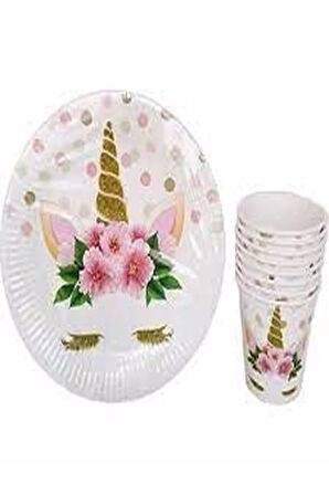 Çiçekli Unicorn Tabak Bardak Set 8 Adet