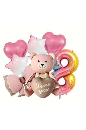 Pembe otruran ayı folyo balonlu doğum günü yaş balon set