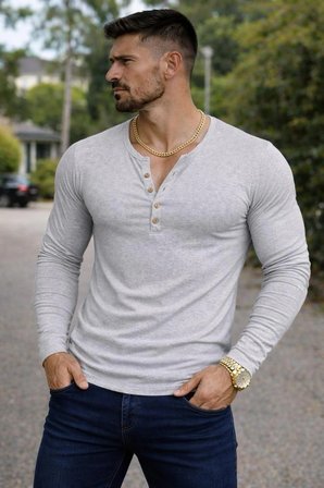 BYBÜLENT Özel Üretim Uzun Kollu Açık Gri Henley Yaka Dar Kesim düğmeli Açık Geniş Yaka Tişört T-Shirt