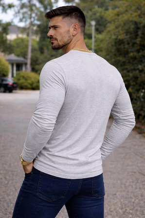 BYBÜLENT Özel Üretim Uzun Kollu Açık Gri Henley Yaka Dar Kesim düğmeli Açık Geniş Yaka Tişört T-Shirt