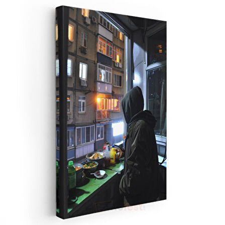 Şehir Manzarası - Gece Penceresi Anime Kanvas Tablo