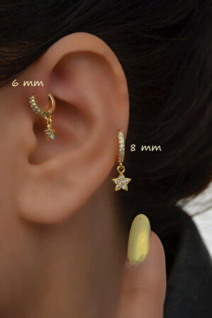 2 Adet Zirkon Yıldızlı Halka Piercing Tragus Helix Forward Kıkırdak Lob Daith (1 Adet 6 mm 1 Adet 8 mm)