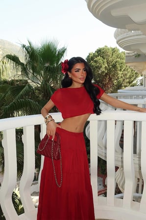 Hardal Corallo Crop Üstlü Maxi Katlı Etekli Dökümlü Takım ATE-5462