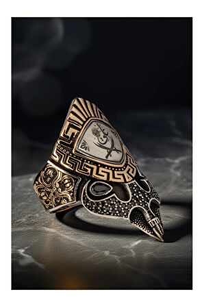 Erkek Çift Başlı Zülfikar İşlemeli Siyah Zirkon Taşlı 925 Ayar Gümüş Yüzük Zihgir Model