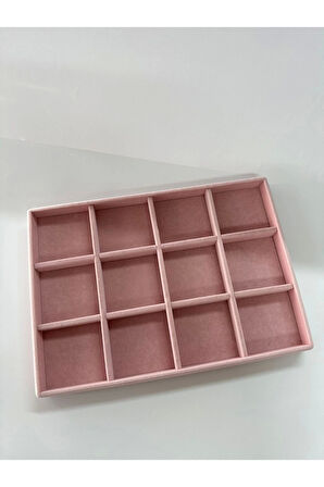 Yerli Üretim Süet Kumaş Pembe Renk 34 Cm / 24 Cm 12 Bölmeli Çekmece Içi Takı Standı