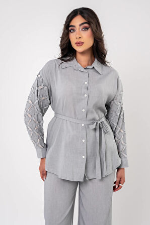 Yıpratma Detaylı Oversize  Gömlek Pantolon Takım TKM16052
