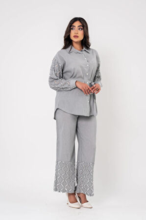 Yıpratma Detaylı Oversize  Gömlek Pantolon Takım TKM16052