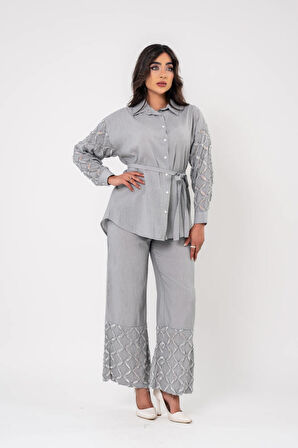 Yıpratma Detaylı Oversize  Gömlek Pantolon Takım TKM16052