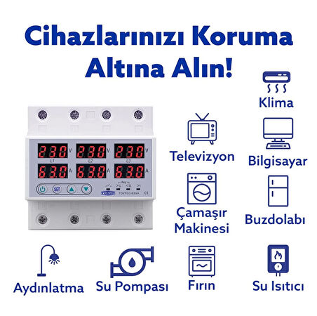 Tomzn Trifaz Gerilim ve Akım Koruma Rölesi Yüksek Alçak Voltaj Koruyucu Röle 63A 3 Fazlı - Ev Tipi