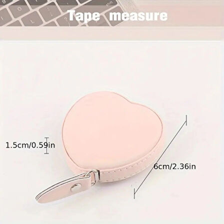 Kalp Şekilli Retraktable Mezura, Pembe, PU Deri, 6cm x 1.5cm, Otomatik Geri Sarmalı, Çift Sistemli, Taşınabilir