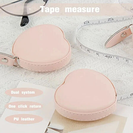 Kalp Şekilli Retraktable Mezura, Pembe, PU Deri, 6cm x 1.5cm, Otomatik Geri Sarmalı, Çift Sistemli, Taşınabilir