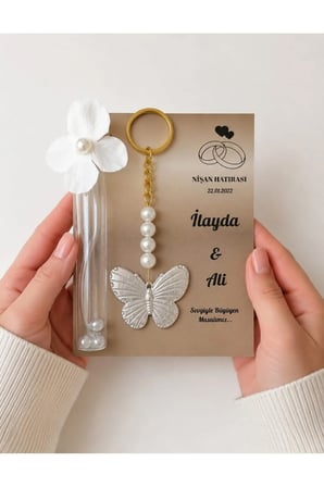 Renkli Arka Plan Seçenekli | Kişiye Özel Söz Nikah Hediyeliği|İncili Kolonya Şişesi Kelebek Anahtarlık