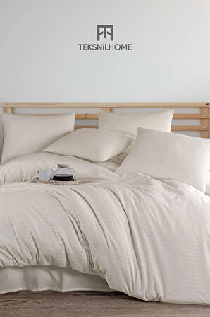 %100 Pamuklu Krem Natural Stripe Nevresim Takımı 3 Parça (ÇİFT KİŞİLİK)