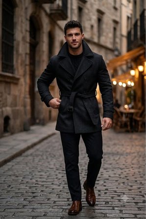 muscle fit poslanmaz kumaş erkek kaşe kaban trençkot-1114 Siyah / XL