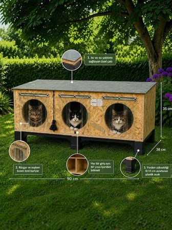 Kedi evi kedi yuvası kedi barınağı ısı ve su yalıtımlı 3 kedilik 90X38X35 CM