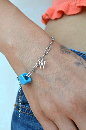 Mavi Boncuklu Harfli Çelik Bileklik