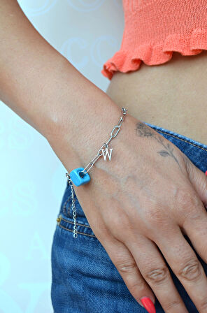 Mavi Boncuklu Harfli Çelik Bileklik