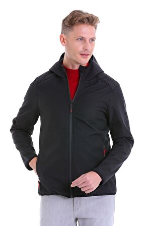 Siyah Su ve Rüzgar Geçirmez Kapüşonlu Softshell Mont | S