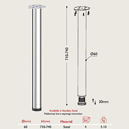 Masa Ayağı - 60mm Çeşitli Renkler 71cm - 4 Adet KROM KAPLAMA