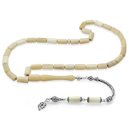 925 Ayar Gümüş Püsküllü Kapsül Kesim İmamesi İşçilikli Natural Renk Deve Kemiği Tesbih