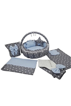 Gri Yıldız Mavi Tasarım Babynest Lüx Oyun Minderi 8 Parça Set