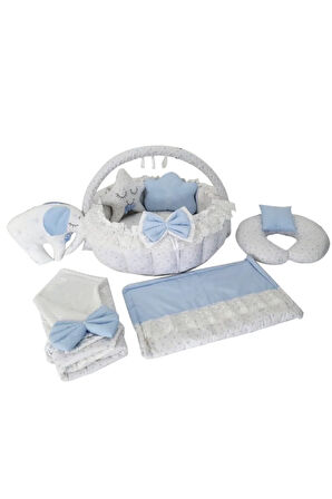 Gri Yıldız Mavi Tasarım Lüx Babynest Oyun Minderi 8 Parça Set