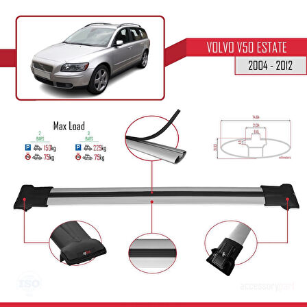 Volvo V50 2004-2012 Arası ile Uyumlu Fly Model Ara Atkı Tavan Barı Gri 2 Adet