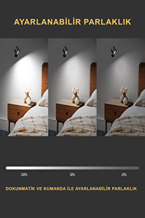 Duvar Aplik Aydınlatma - 360° Dönebilen Şarjlı - 3 Işık Modlu - Kumandalı Taşınabilir Aplik Lamba