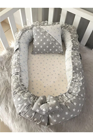 Gri Yıldızlı Lüx Tasarım Babynest Anne Yanı Baby Nest Ve Yastık Jaju-Babynest
