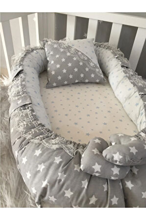 Gri Yıldızlı Lüx Tasarım Babynest Anne Yanı Baby Nest Ve Yastık Jaju-Babynest