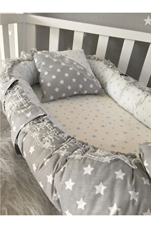 Gri Yıldızlı Lüx Tasarım Babynest Anne Yanı Baby Nest Ve Yastık Jaju-Babynest