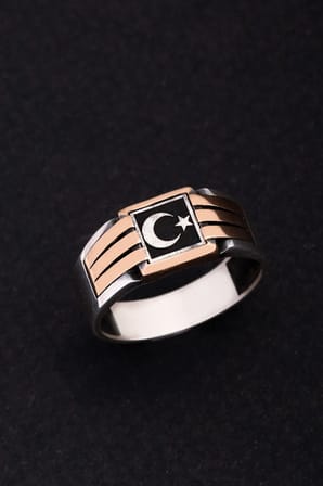 Erkek Gümüş Yüzük - Ay Yıldız Bayrak Model İnce Kibar Erkek Yüzüğü