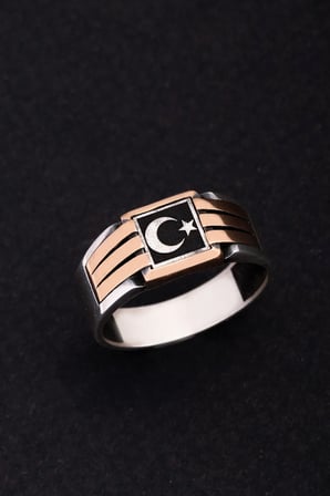 Erkek Gümüş Yüzük - Ay Yıldız Bayrak Model İnce Kibar Erkek Yüzüğü