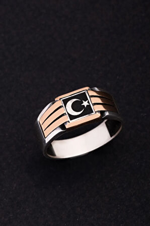 Erkek Gümüş Yüzük - Ay Yıldız Bayrak Model İnce Kibar Erkek Yüzüğü