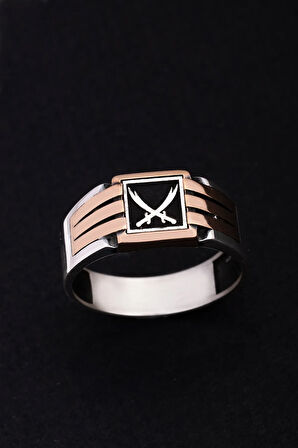 Erkek Gümüş Yüzük - Çift Zülfikarlı Kılıçlı İnce Kibar Erkek Yüzüğü