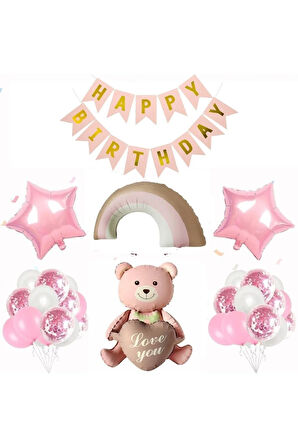 KARAMEL KALPLİ OTURAN AYI FOLYO BALONLU DOĞUM GÜNÜ PARTİ SET