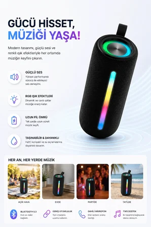 B37 Taşınabilir Güçlü Bluetooth Hoparlör Güçlü Bass ve Renkli Aydınlatma Bir Arada Müziği Hisset, Işığı Yaşa
